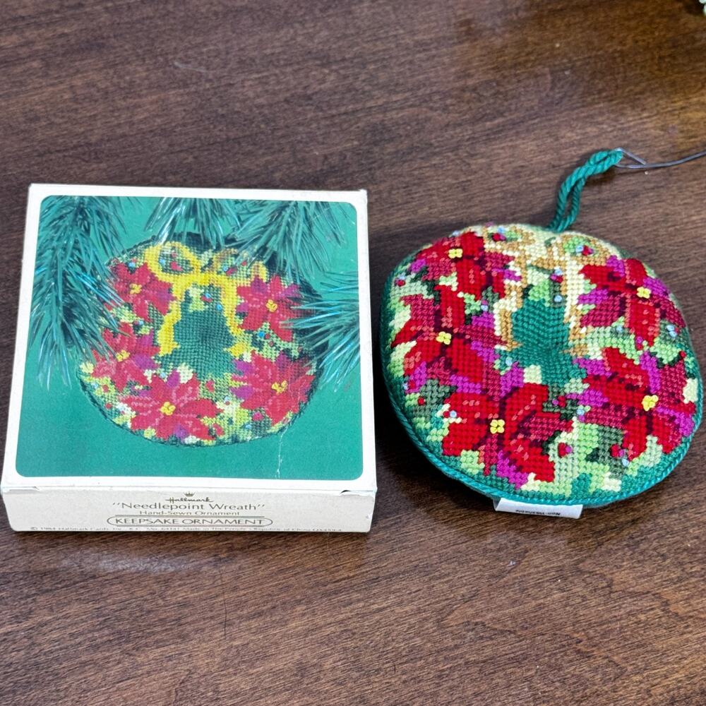 Vintage 1984 Hallmark Christmas Ornament Needlepoint Wreath Hand Sewn Keepsake